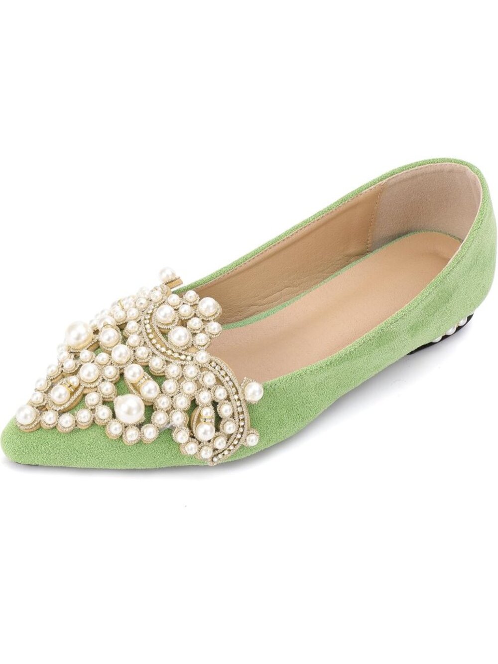 〽️Women's Green Slip On Low Heel Bling Rhinestone Pointed Comfort Flats Shoes - Picture 2 of 6